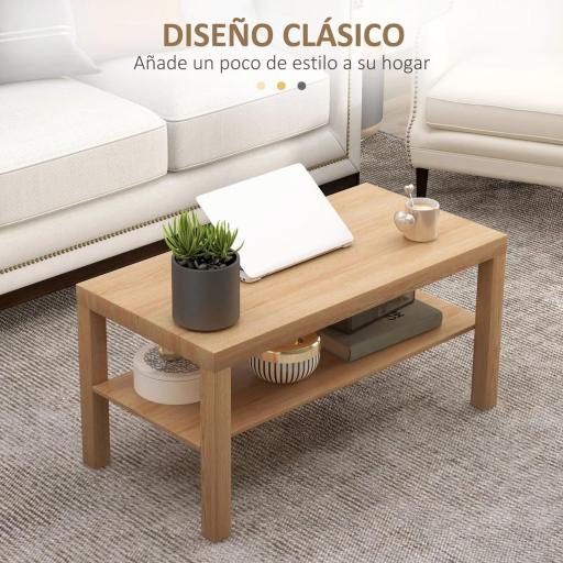 Mesa de Centro Moderna Mesa Baja con 2 Estantes de Almacenamiento Mesita para Salón Carga 20 kg 90x45x44,5 cm Natural [5]