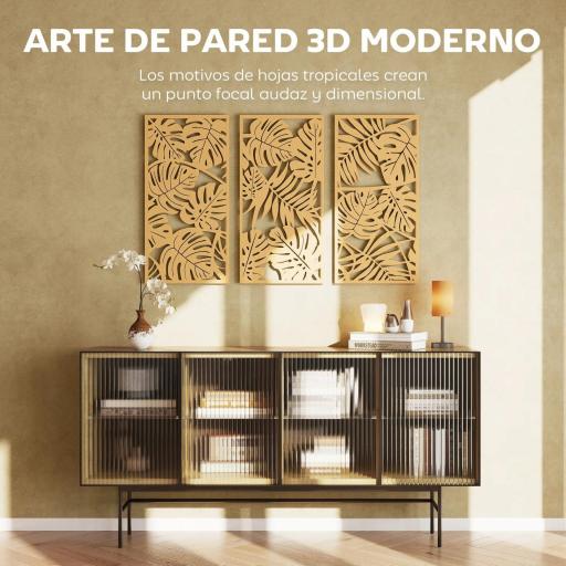 Decoración de Pared de Madera 3D 3 Piezas 40x80 cm Adornos de Pared con Patrón de Hojas Tropicales Madera Natural [5]