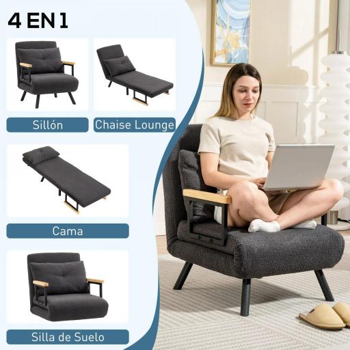 Sofá Cama Individual Plegable Silla Cama Convertible 4 en 1 Respaldo Ajustable de 5 Niveles y Almohada 63x73x81 cm Gris [2]