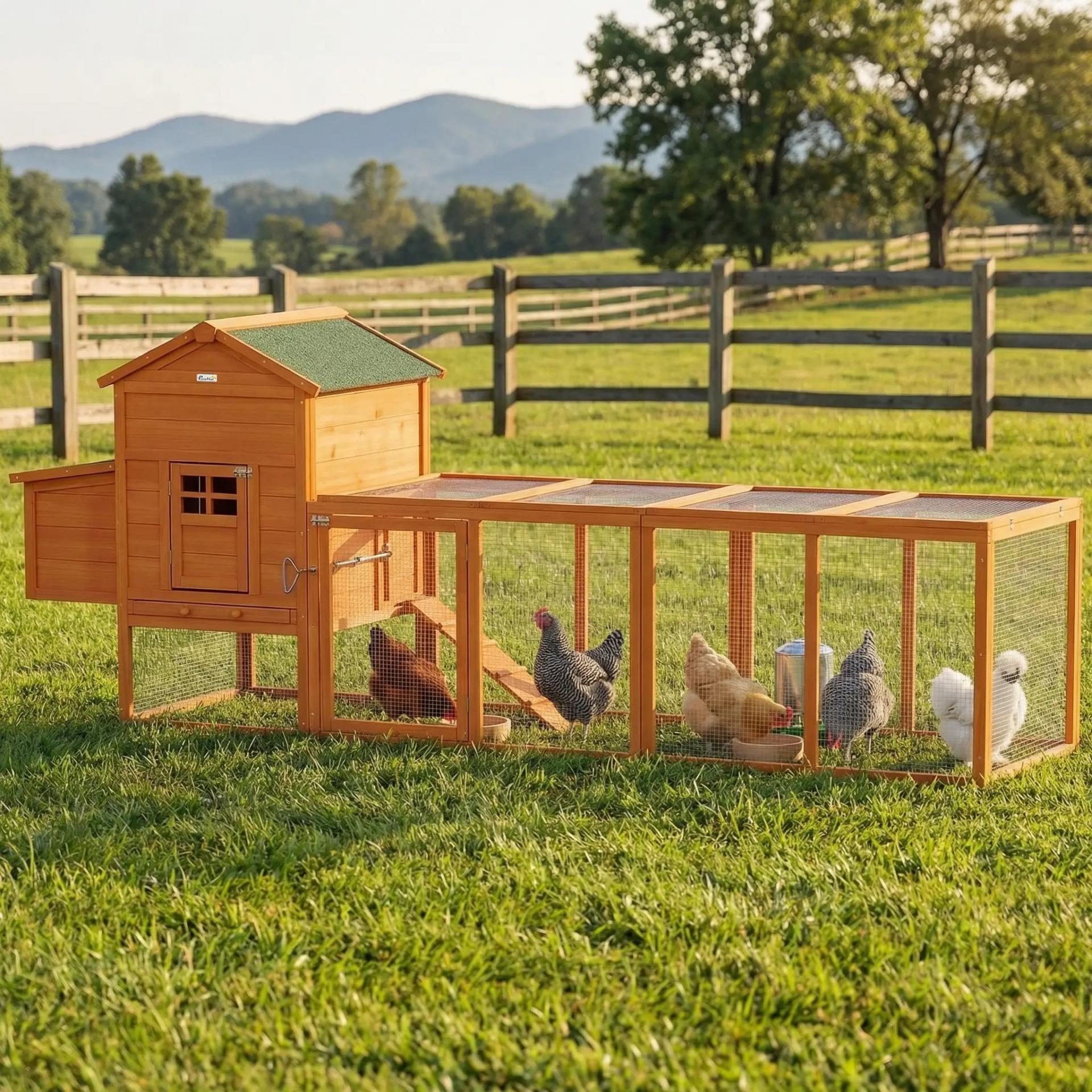 Gallinero de Madera Grande para 3-6 Gallinas con Techo Asfáltico Nido y Bandeja Extraíble 297,5x68x118 cm Natural