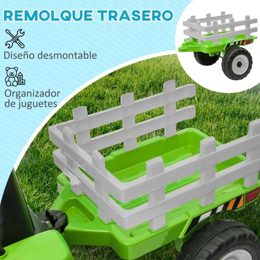 Tractor Eléctrico con Remolque para Niños 3-6 Años con Control Remoto y Cinturón de Seguridad 136,5x50x52,5 cm Verde [5]