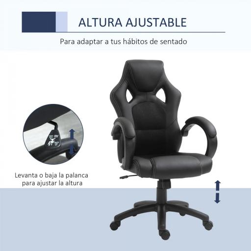 Silla de Oficina Silla Estudio con Función Basculante Altura Ajustable y Respaldo Alto Tapizado en Cuero PU y Malla Transpirable 71x61x108-118 cm Negro [5]