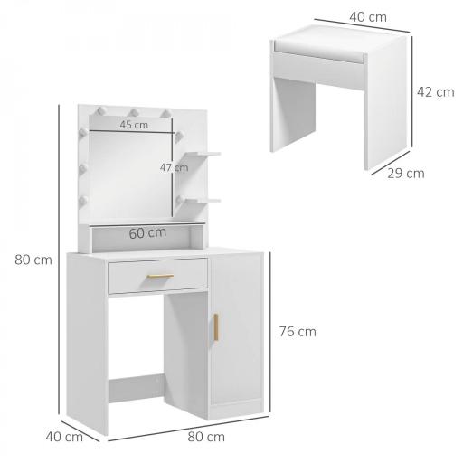 Tocador de Maquillaje con Taburete Espejo LED Cajones Estante Ajustable y Estantes Abiertos para Dormitorio Blanco [1]