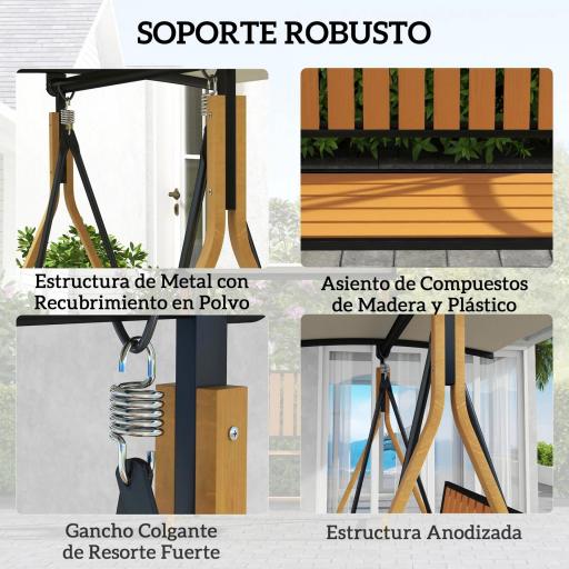 Balancín de Jardín Exterior de 2 Plazas con Toldo Ajustable y Estructura de Metal 142x112x162 cm Madera Natural y Beige [3]