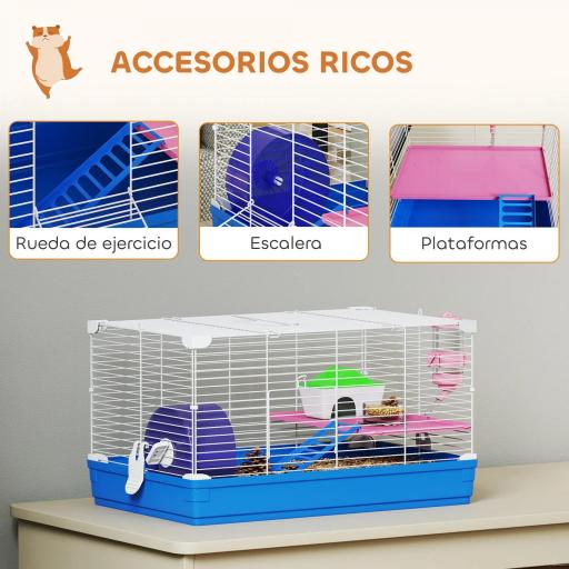 Jaula para Hámster Casa para Roedores con Rueda de Ejercicio Cuenco Bebedero Casita Rampas para Jerbos 47x30x27 cm Azul [7]