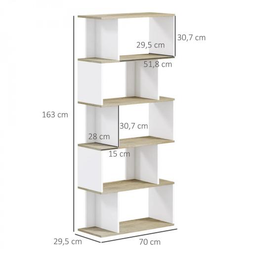 Estantería Estilo Nórdico Librería con 5 Estantes Antivuelco Carga 25 kg 70x29,5x163 cm Roble y Blanco [1]