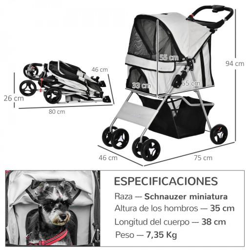 Carrito para Perros con Toldo Ajustable Cesta de Almacenaje y Ruedas con Freno Tela Oxford 77x45x99,5 cm Gris [4]