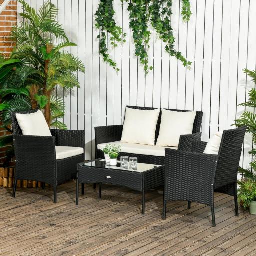Conjunto de Jardín de Ratán Sintético con 2 Sillones 1 Sofá de 2 Plazas 1 Mesa de Centro y Cojines Negro y Crema [0]