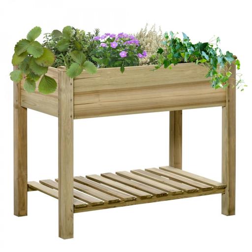 Huerto Urbano de Madera con Estante Mesa de Cultivo Rectangular con Orificios de Drenaje para Cultivos Plantas Jardín Terraza Exterior Carga 80 kg 91x51x76 cm Natural [9]