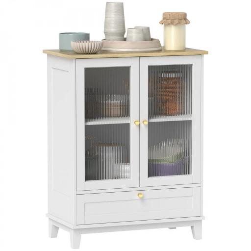 Aparador de Salón con Cajón y Estante Ajustable Aparador de 2 Puertas de Vidrio 68x35x85 cm Blanco y Roble [9]
