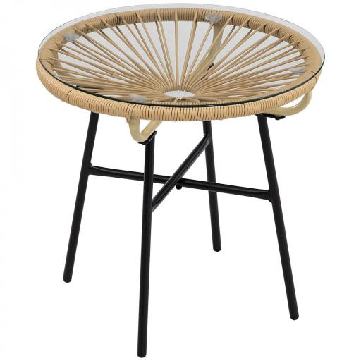 Mesa Auxiliar de Ratán Sintético Redonda para Exteriores con Encimera de Vidrio Templado Ø50x50 cm Beige [8]