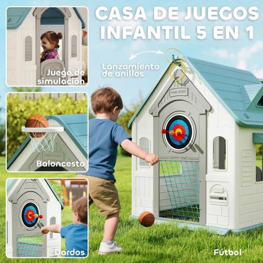 Casita Infantil Exterior e Interior 5 en 1 con Lanzamiento de Aros Baloncesto Fútbol Dardos para Niños +2 Años Beige [2]