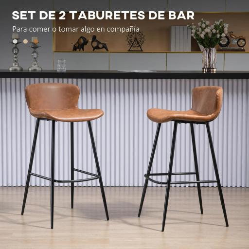 Conjunto de 2 Taburetes Altos de Cocina con Respaldo Tapizado en PU Carga 120 kg para Bar Salón Comedor Marrón [2]
