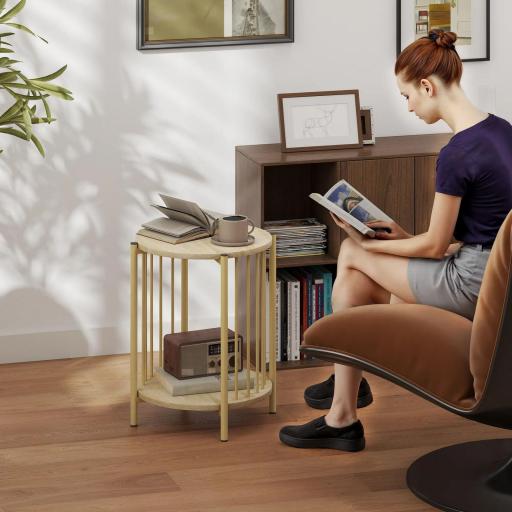 Mesa Auxiliar Redonda de 2 Niveles con Estante de Almacenaje y Marco de Acero para Salón Dormitorio Ø41x49 cm Natural [5]