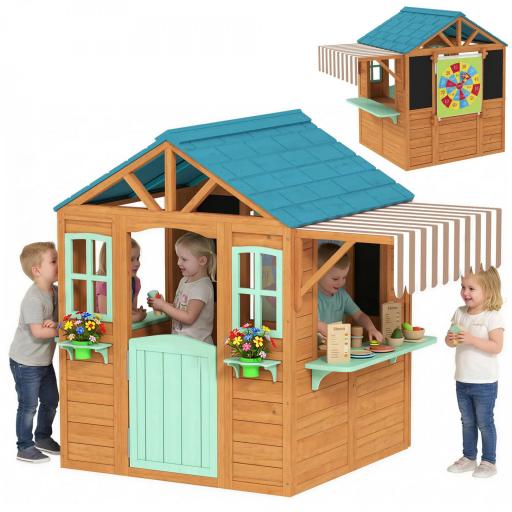 Casita Infantil Exterior e Interior de Madera con Barra de Snack Maceteros Pizarra Ventanas Tela para Tiro y 4 Pelotas [9]
