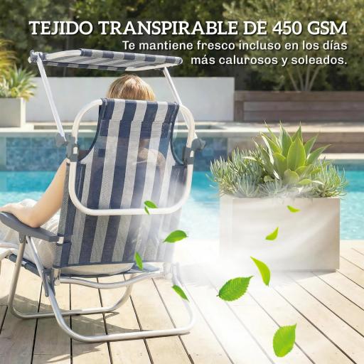 Juego de 2 Sillas de Playa Plegables con Dosel Ajustable Respaldo Reclinable 6 Posiciones Reposacabezas Azul y Blanco [5]