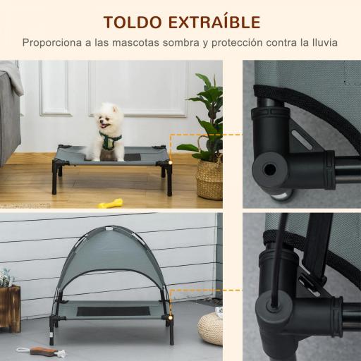 Cama Elevada para Mascotas con Toldo Extraíble Tela Transpirable al Aire Libre para Interior y Exterior 61x46x62 cm Gris [4]