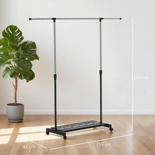 Tendedero Extensible con Ruedas con Barra de Acero Inoxidable y Estante para Zapatos 159x42x168 cm Negro y Plata [8]
