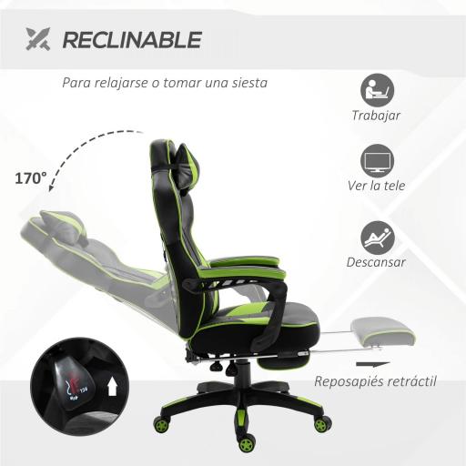Silla Gaming Ergonómica Silla de Escritorio de Oficina Regulable en Altura Reclinable Respaldo con Reposapiés Reposacabezas Cojín Lumbar Ruedas 65x70x118,5-128,5 cm Verde [2]