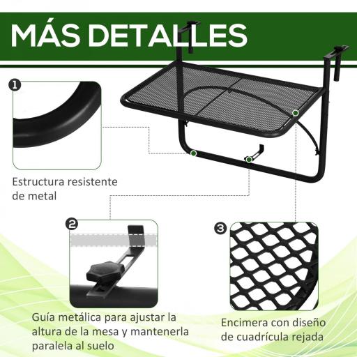 Mesa Colgante de Balcón con Brazo Regulable y Altura Ajustable en 3 Posiciones Marco Metálico 60x56x50 cm Negro [3]