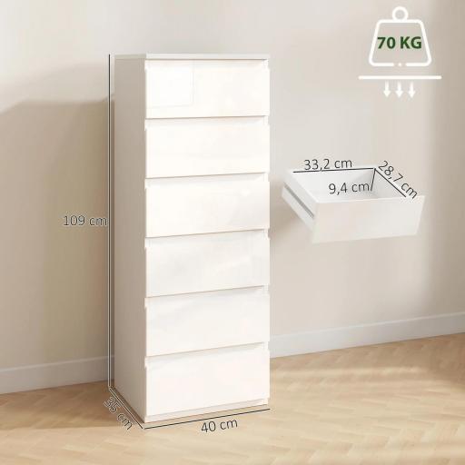 Cómoda de Dormitorio con 6 Cajones Estrecha Sinfonier Ahorro Espacio 40x35x109 cm Blanco Brillo [1]