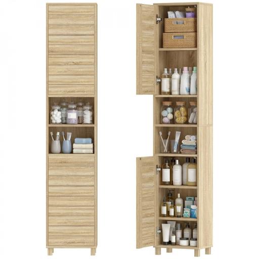 Armario Alto para Baño con Estantes Ajustables Puertas de Lamas Apertura por Presión 34x23x170 cm Natural [9]