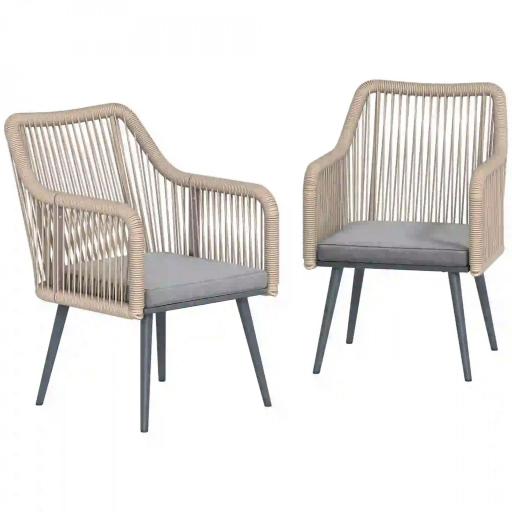Set de 2 Sillas de Jardín Exterior de Ratán con Cojines Reposabrazos y Marco de Acero para Terraza 54x65x80 cm Gris [9]