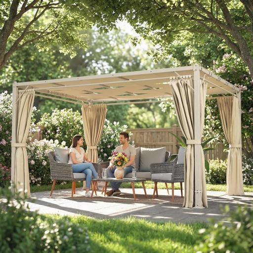 Pérgola de Jardín 3x4 m con Protección UPF 50+ Gazebo con Cortinas Estructura de Acero para Sombra Exterior Beige [3]
