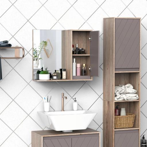 Armario de Baño con Espejo Mueble Auxiliar Montado en Pared con 1 Puerta y Estante Ajustable Estilo Moderno 57x14,2x49,2 cm Roble y Gris [3]
