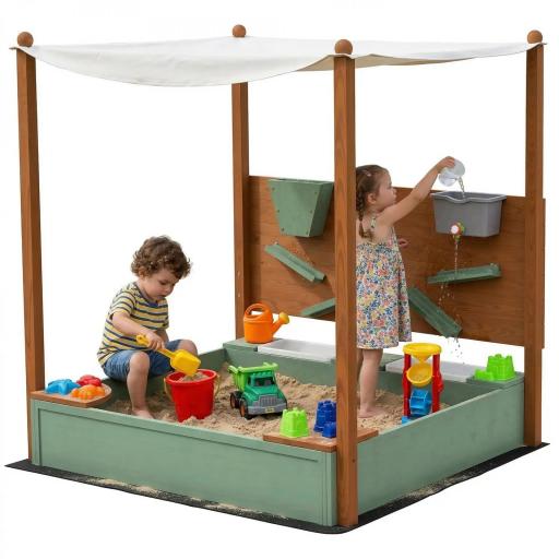 Arenero para Niños de Madera con Techo Arenero Infantil con 2 Asientos 2 Cajas Grifo Embudo 116x112,5x128 cm Verde [9]
