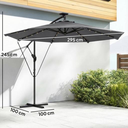 Parasol Excéntrico con Luces LED Solares 330x295 cm Sombrilla con Base Cruzada Manivela Funda Protectora Gris Oscuro [1]