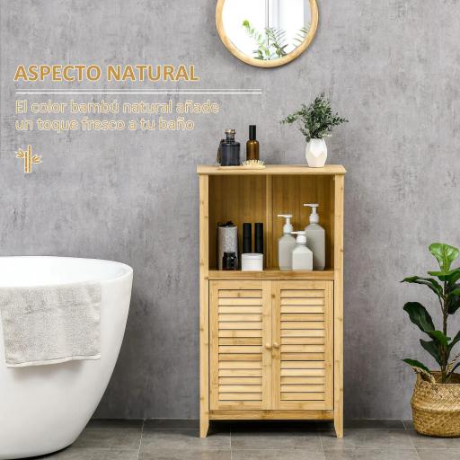 Armario Auxiliar de Baño de Bambú con 2 Puertas Compartimiento Abierto y Estante Ajustable 50x25,5x92 cm Natural [2]