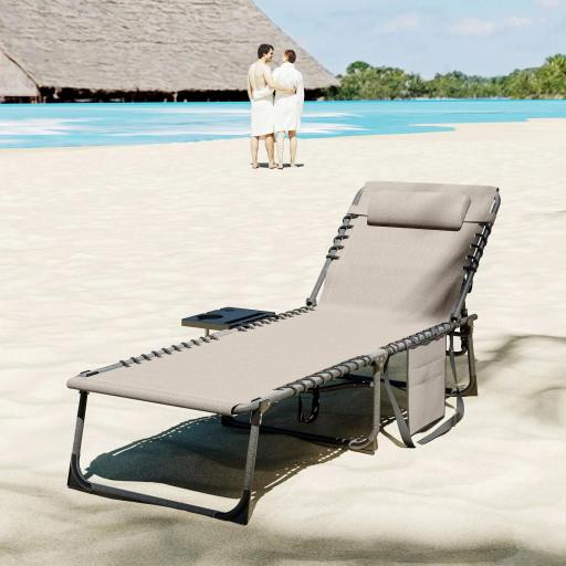 Tumbona Plegable con Respaldo Ajustable Reposacabezas Bolsillo Lateral Bandeja y Estructura de Acero 190x60x31 cm Crema [7]