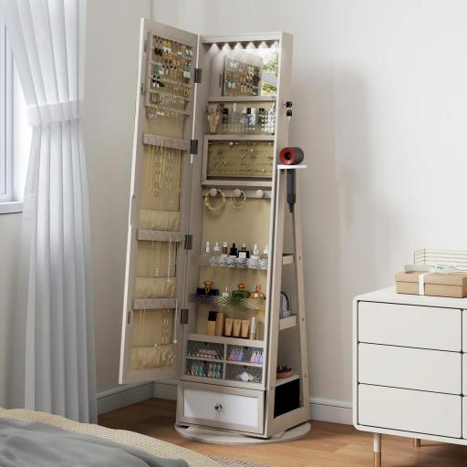 Espejo Joyero con Luces LED Armario Joyero con Espejo Entero Giratorio de 360° Cajón Cerradura Natural