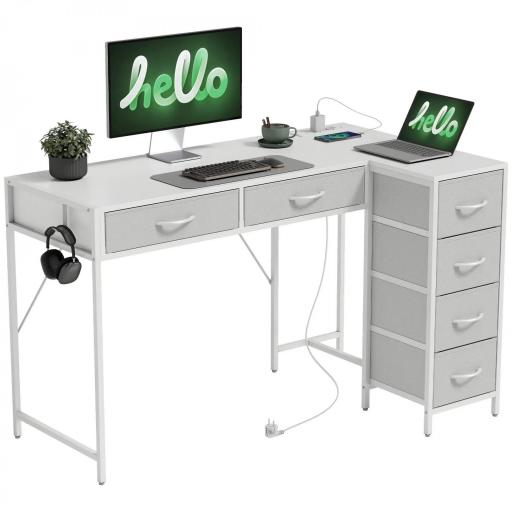 Escritorio Esquinero Reversible con 6 Cajones 126x48 cm con Toma de Corriente Puerto de Carga USB y USB-C Blanco [8]