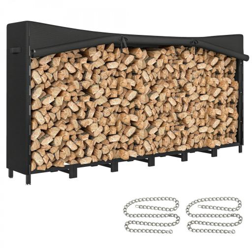 Leñero Exterior Metálico de Chimenea Soporte para Leña con Cubierta Impermeable y Cadenas de Acero 235x31x116 cm Negro [3]