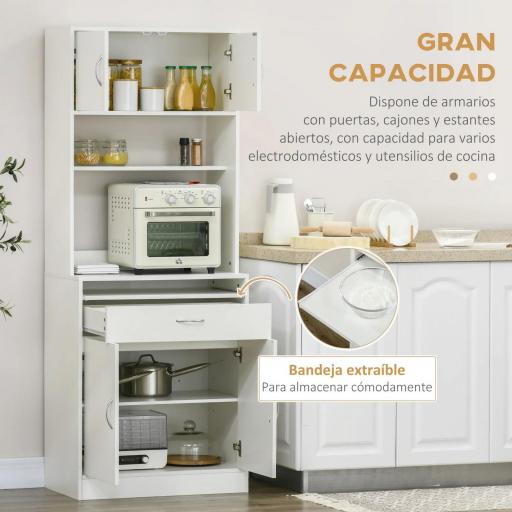 Alacena de Cocina Aparador de Comedor con 4 Puertas Bandeja Extraíble Estante Ajustable Cajón 70x40x180 cm Blanco [2]