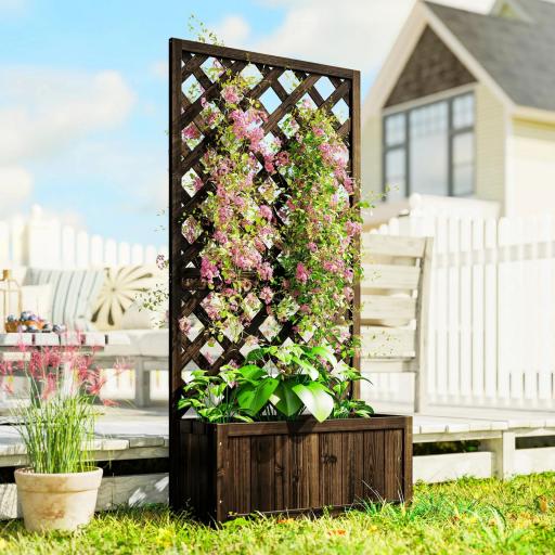 Jardinera con Enrejado de Madera Macetero de Jardín con Soporte para Trepadora 72,5x31,5x149,5 cm Carbonizado