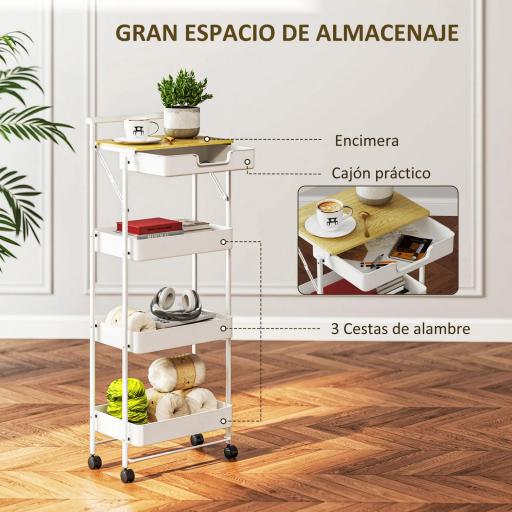Carrito Auxiliar con Ruedas de 4 Niveles con Cajón Encimera y Cestas de Rejilla para Dormitorio Baño Cocina Blanco [2]
