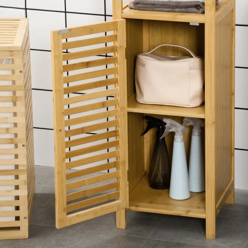 Armario Auxiliar de Baño de Bambú Estantería de Baño con 2 Estantes Abiertos y Puerta de Rejilla 32,9x29,9x120cm Natural [4]