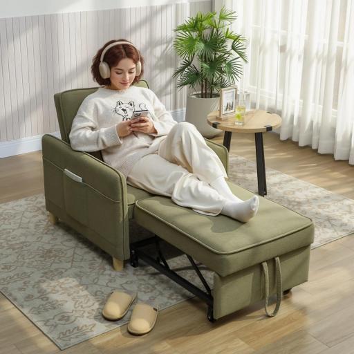 Sillón Cama Individual 3 en 1 Sofá Cama Plegable con Respaldo Ajustable y Cojín para Salón 74x85,5x82 cm Marrón