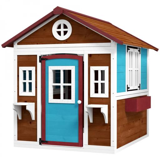 Casita de Madera Infantil con Puerta Ventanas Jardineras y Repisas con Detalles de Color 114x126,4x135 cm Marrón Oscuro [9]