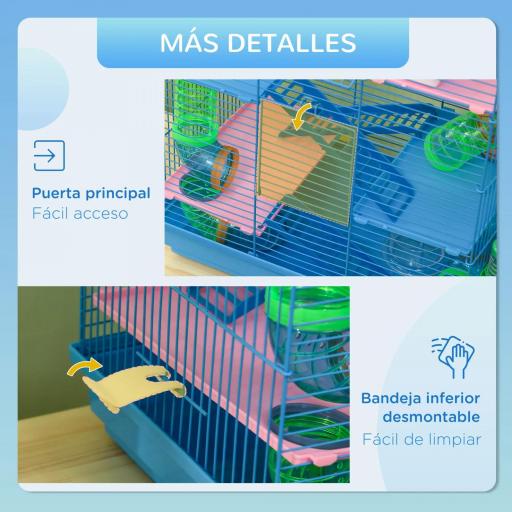 Jaula para Hámster de Múltiples Niveles con Tubos Plataformas Comedero Bebedero Casita Rueda Escaleras 47x30x59 cm Azul [5]