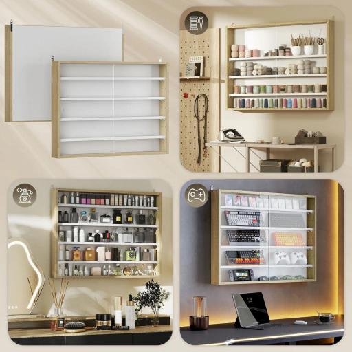 Vitrina de Pared de Madera con Estantes Ajustables y 2 Puertas Correderas de Cristal 80x9,5x60 cm Blanco y Natural [5]