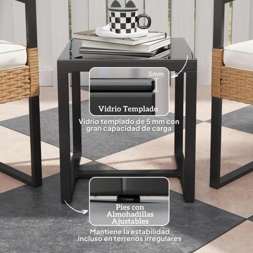 Conjunto de Jardín Exterior de Ratán de 3 Piezas con Respaldo Ajustable Cojines Acolchados y Encimera de Vidrio Beige [3]