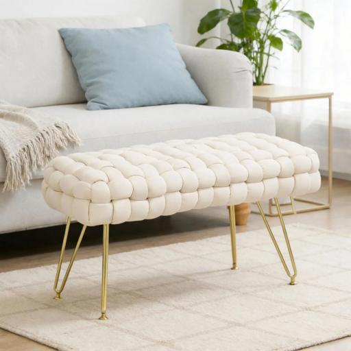 Banco Pie de Cama Tapizado en Terciopelo Reposapiés con Patas de Metal y Asiento Acolchado Crema [2]