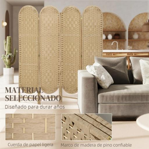 Biombo Separador de Ambientes 4 Paneles 160x170 cm con Parte Superior Arqueada Tejido a Mano Divisor Plegable Natural [6]