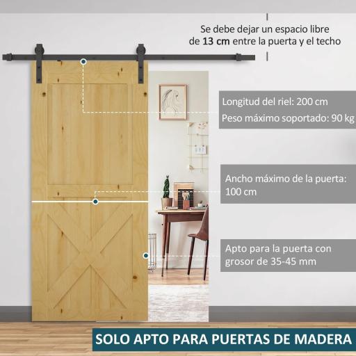 200 cm Herraje para Puerta Corredera de Madera Kit de Accesorios Guía de Riel con Tornillos Carga Máx. 90 kg Acero al Carbono Marrón [2]