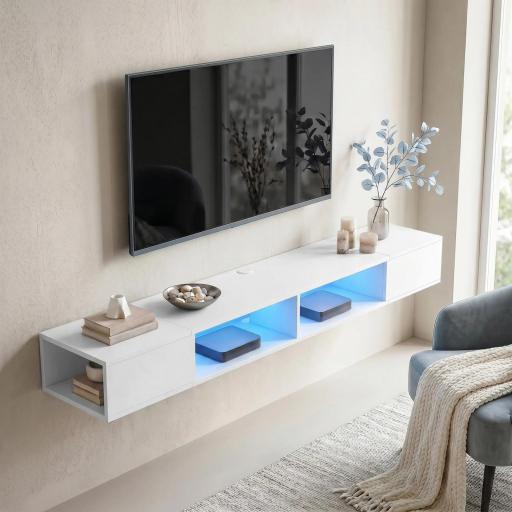 Mueble de TV Suspendido con Luces LED con Estantes Abiertos para Televisión 75 Pulgadas 177,8x30x18 cm Blanco [6]