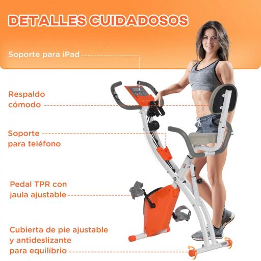 Bicicleta Estatica Plegable 3 en 1 con Respaldo y 8 Niveles Resistencia Magnética Bicicleta Estatica en Casa Ajustable con Monitor LCD Volante Banda Sensor de Pulso Soporte de Teléfono Naranja [6]